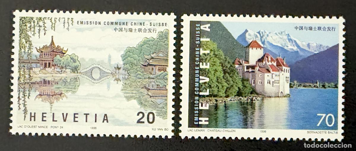 Sellos: Suiza 1998 Mi. 1667-1668 emisi&oacute;n conjunta China castillo Chillon lago