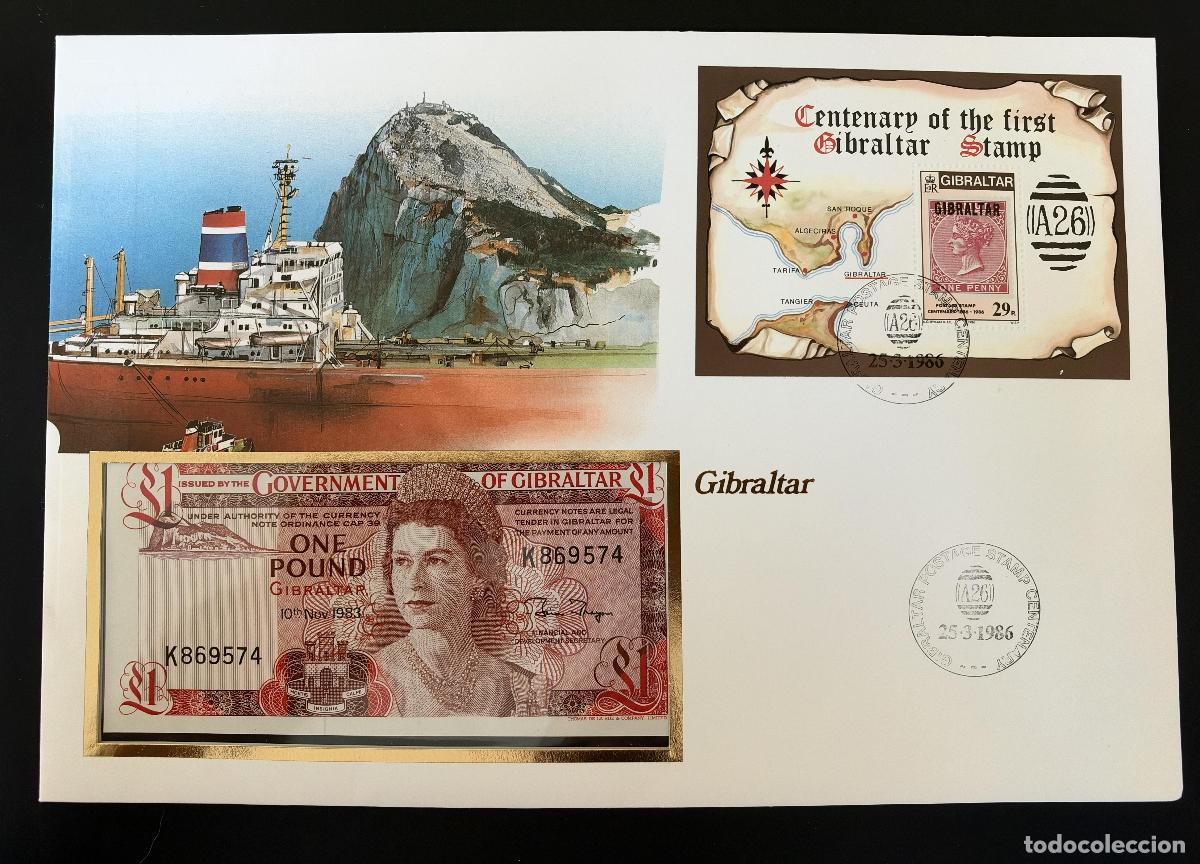 Sellos: Gibraltar 1986 FDC Centenario primer sello bloque billete 1 Libra