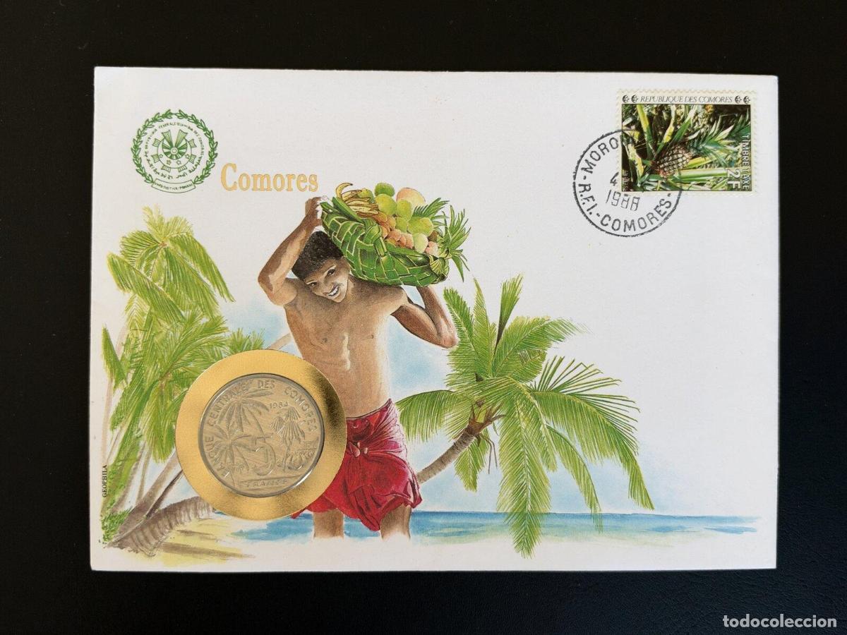 Briefmarken: Comoras sobre numism&aacute;tico 5 Francos 1984 sello tasa Moroni 1988