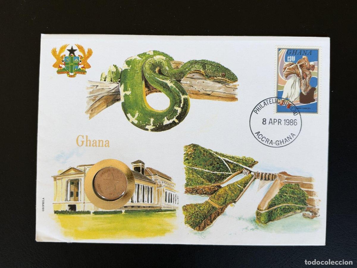 Sellos: Ghana sobre numism&aacute;tico FDC moneda 1986 Accra serpiente