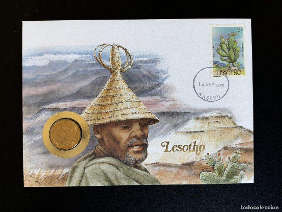Briefmarken: Lesotho 1988 sobre numism&aacute;tico FDC moneda sello cactus Maseru