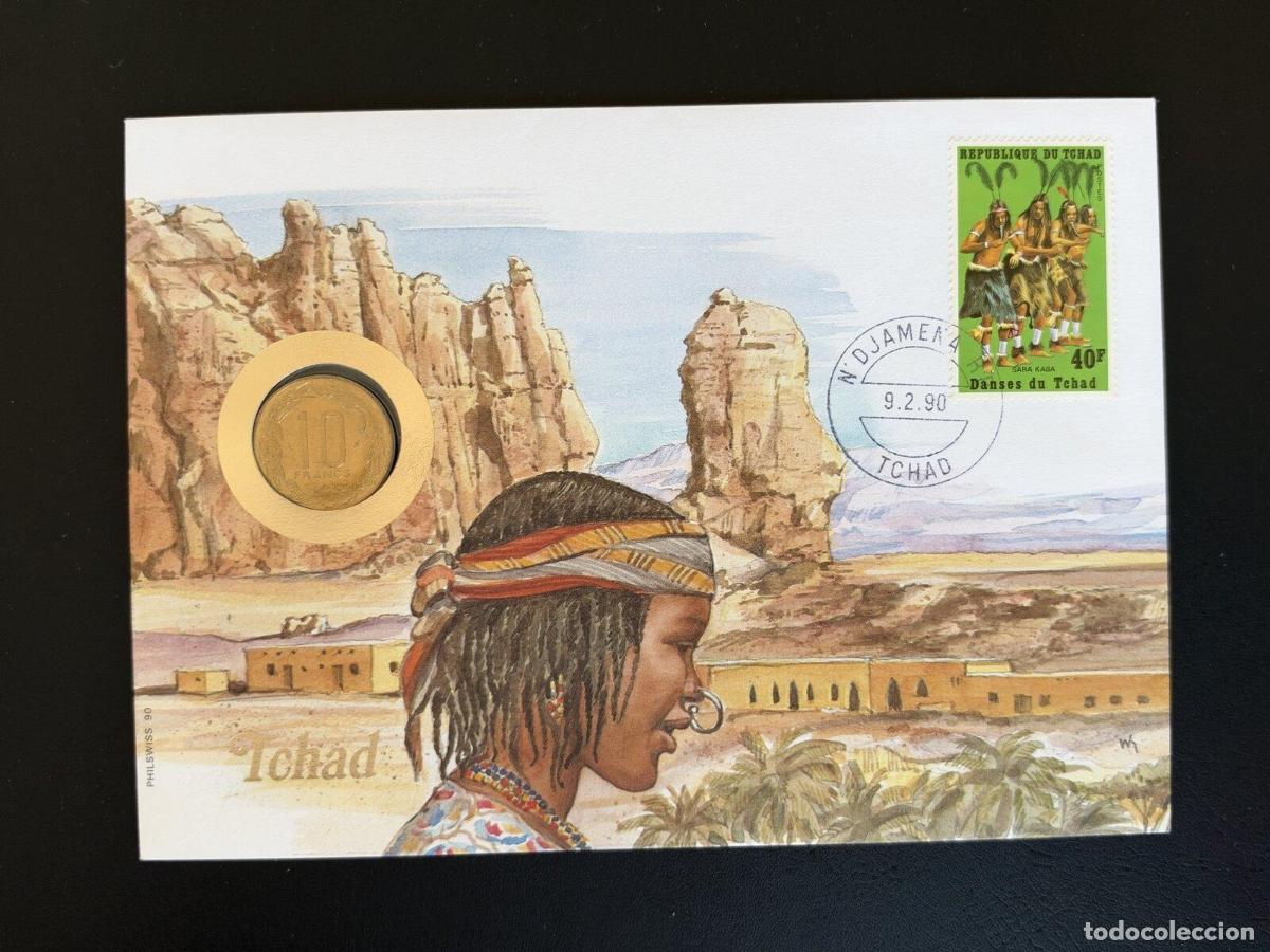 Selos: Sobre numism&aacute;tico Chad 10 Francos Danzas Sara Kaba 1990
