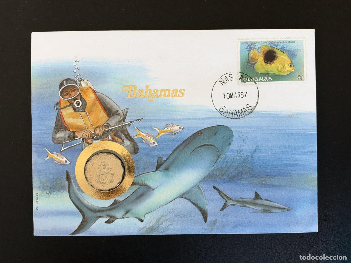 Briefmarken: Bahamas 1987 sobre numism&aacute;tico Philswiss sello pez 5c