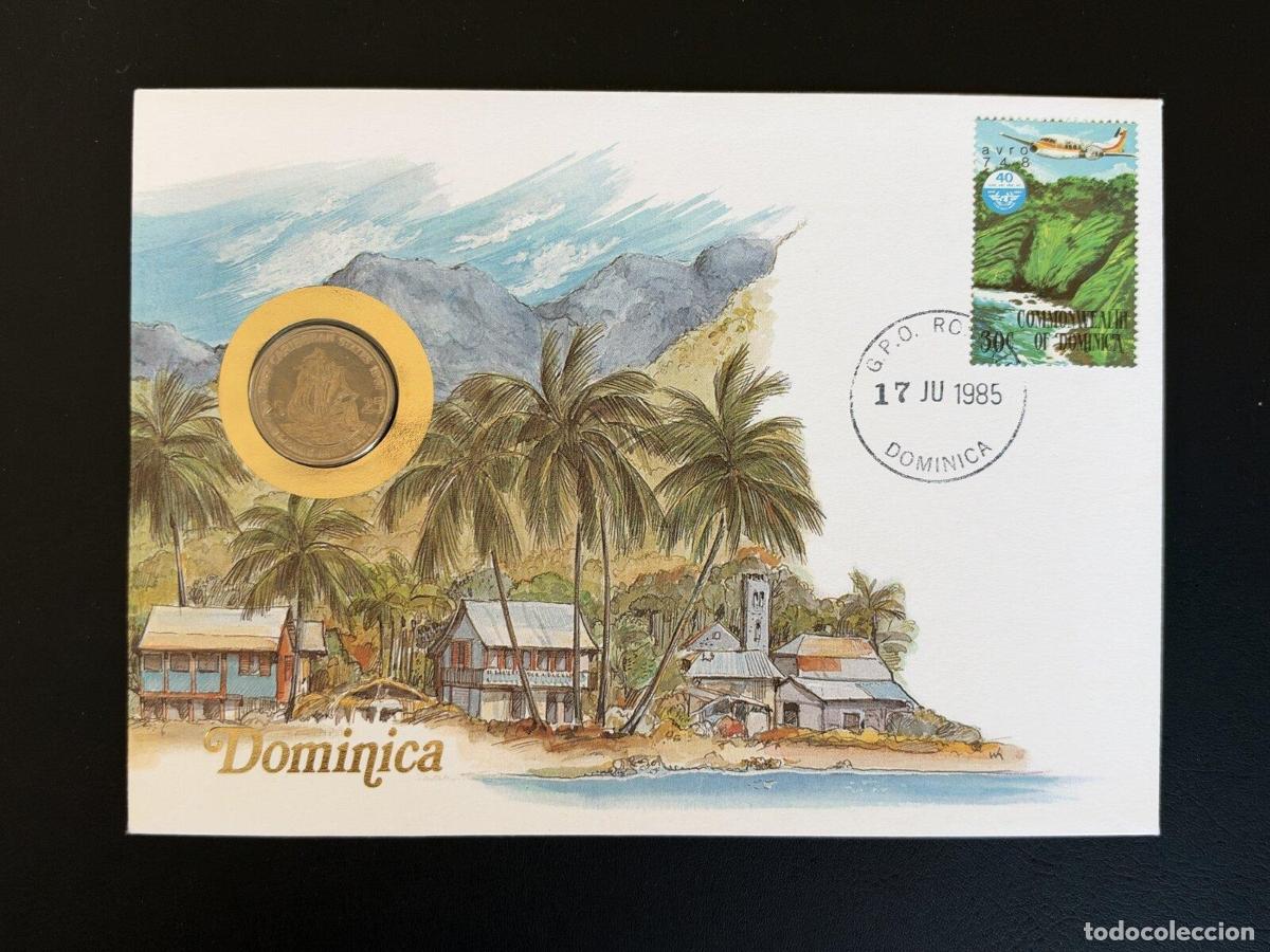 Sellos: Dominica 1985 sobre numism&aacute;tico moneda sello avi&oacute;n