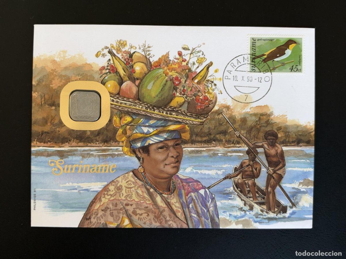 Sellos: Surinam sobre numism&aacute;tico 1990 sello ave Paramaribo - Foto 1
