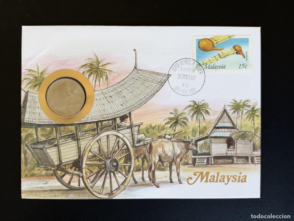 Selos: Malasia 1987 sobre numism&aacute;tico FDC moneda sello Serunai