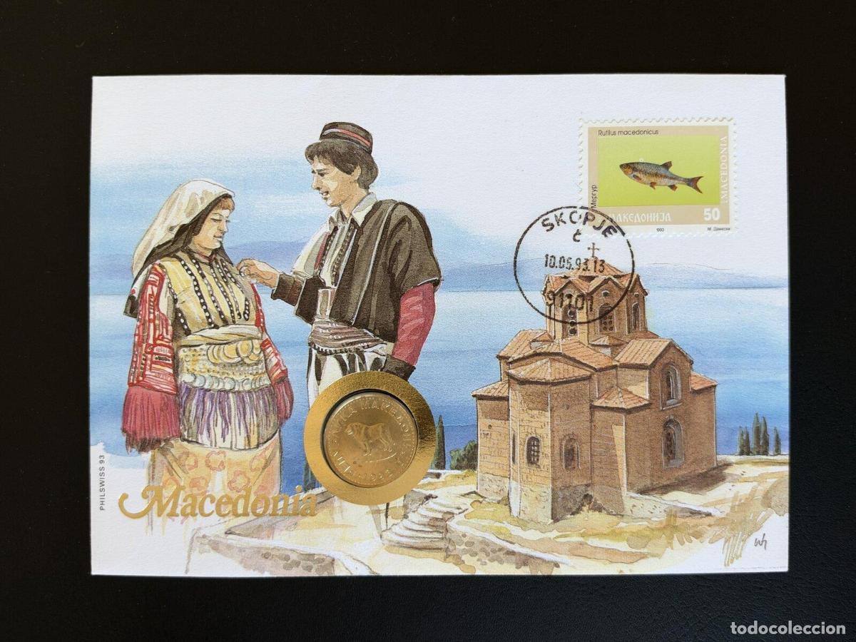 Francobolli: Macedonia sobre numism&aacute;tico Philswiss 1993 sello pez Skopje