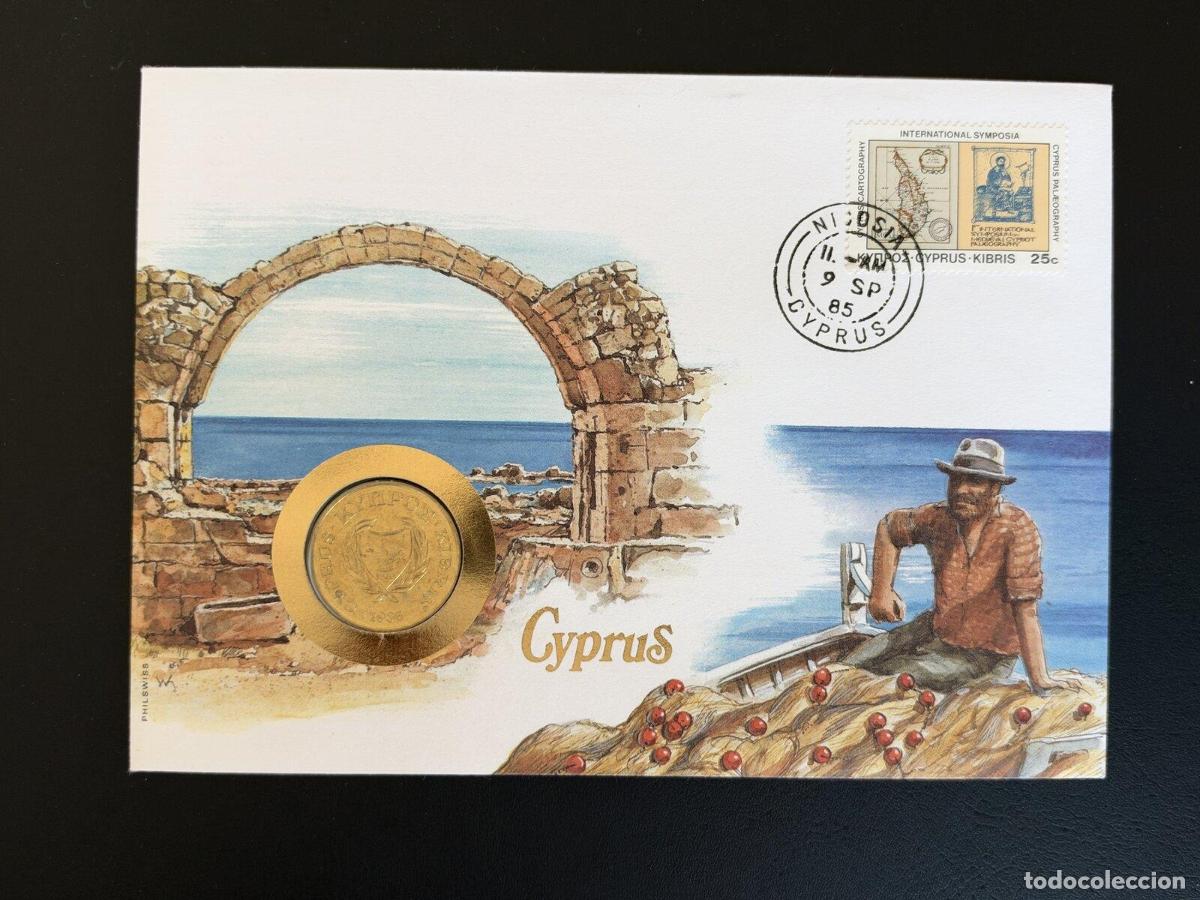 Sellos: Chipre sobre numism&aacute;tico 1985 Nicosia moneda sello 25c