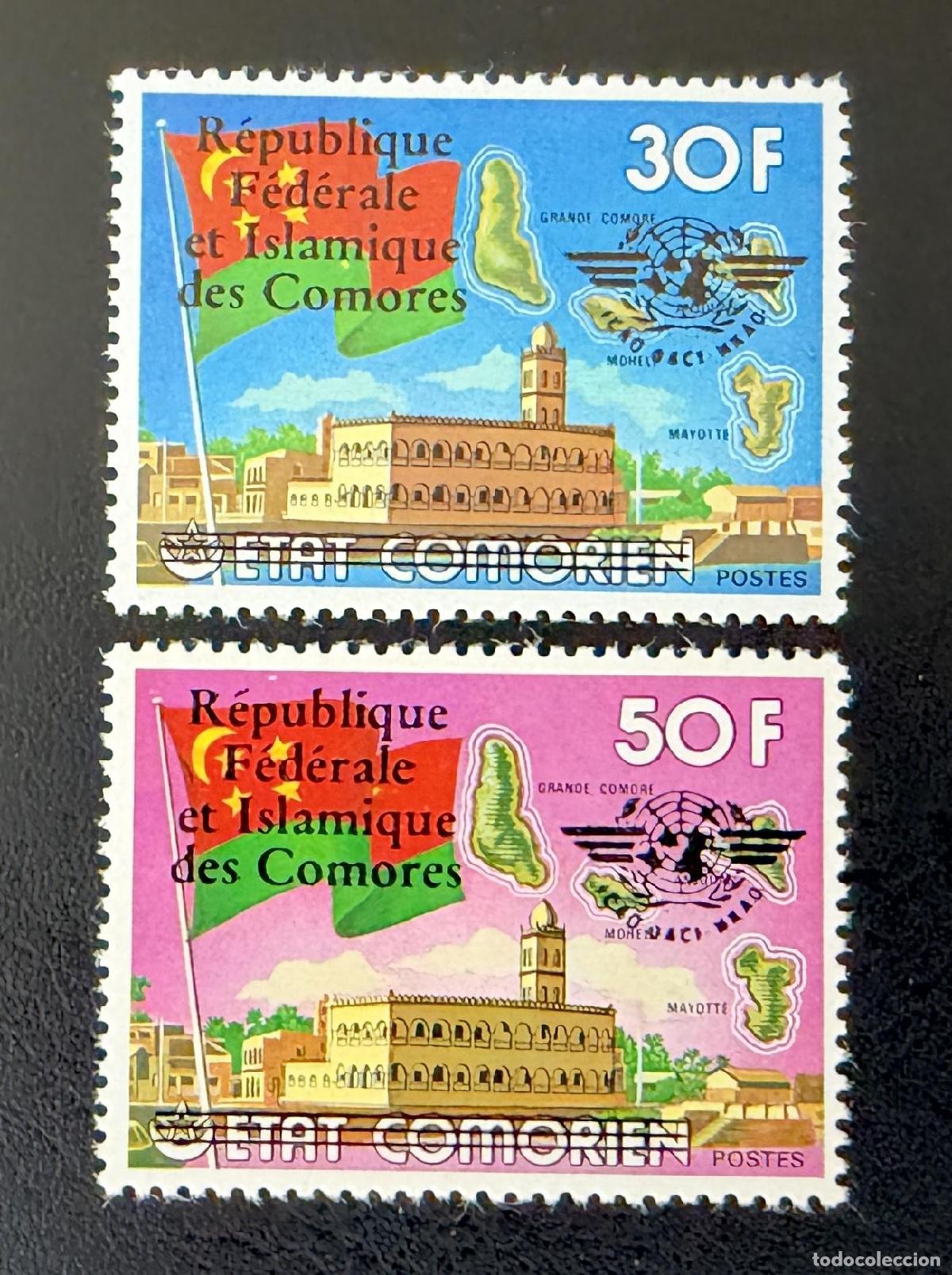 Sellos: Comoras 1978 Mi. 448-449 sobrecargado ICAO OACI bandera mapa islas mezquita