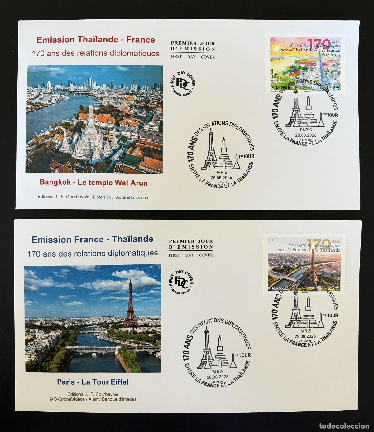 Sellos: Francia 2026 FDC Relaciones diplom&aacute;ticas Tailandia Eiffel emisi&oacute;n conjunta