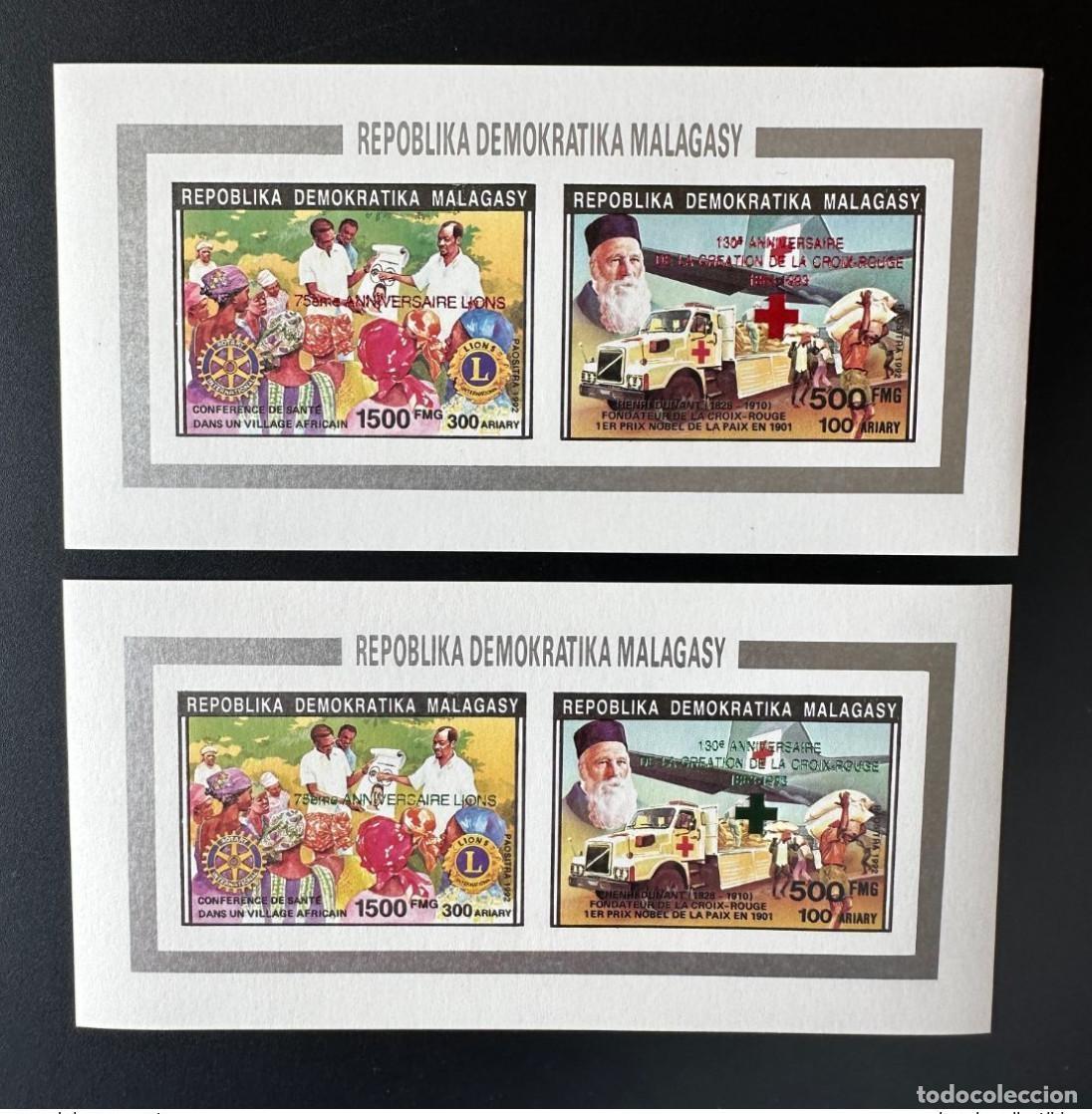 Sellos: Madagascar 1993 Mi. Bl. 1560 ND IMPERF Rojo Verde sobrecargado Cruz Roja Dunant