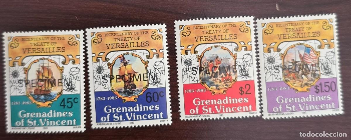 Sellos: O) 1983 ST. VINCENT GRENADINES, SPECIMEN, TREATY OF VERSAILLES, BRITISH WARSHIP, AMERICAN WARSHIP,