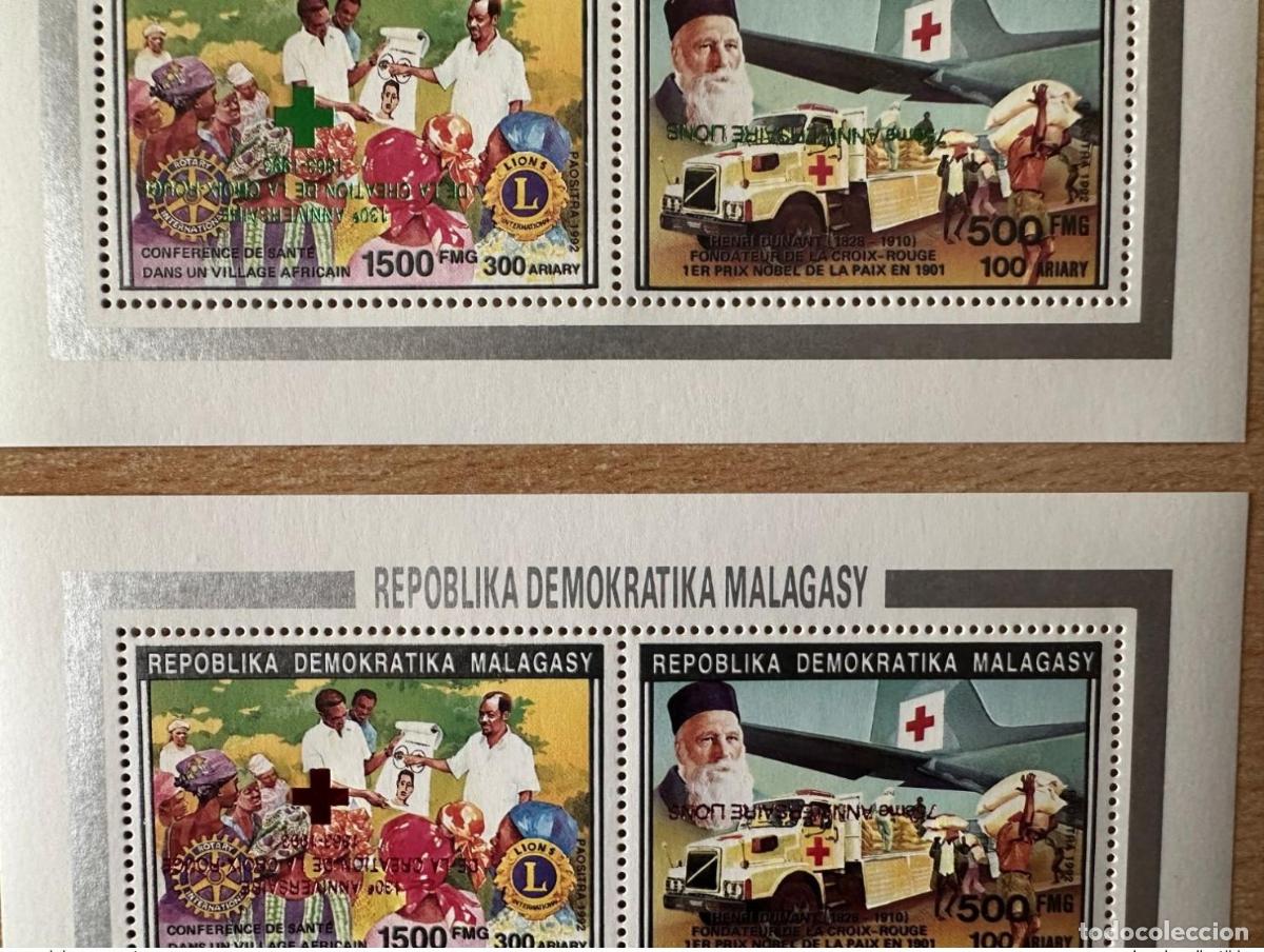 Sellos: Madagascar 1993 Sobreimpresi&oacute;n roja y verde invertida Cruz Leones Rotary