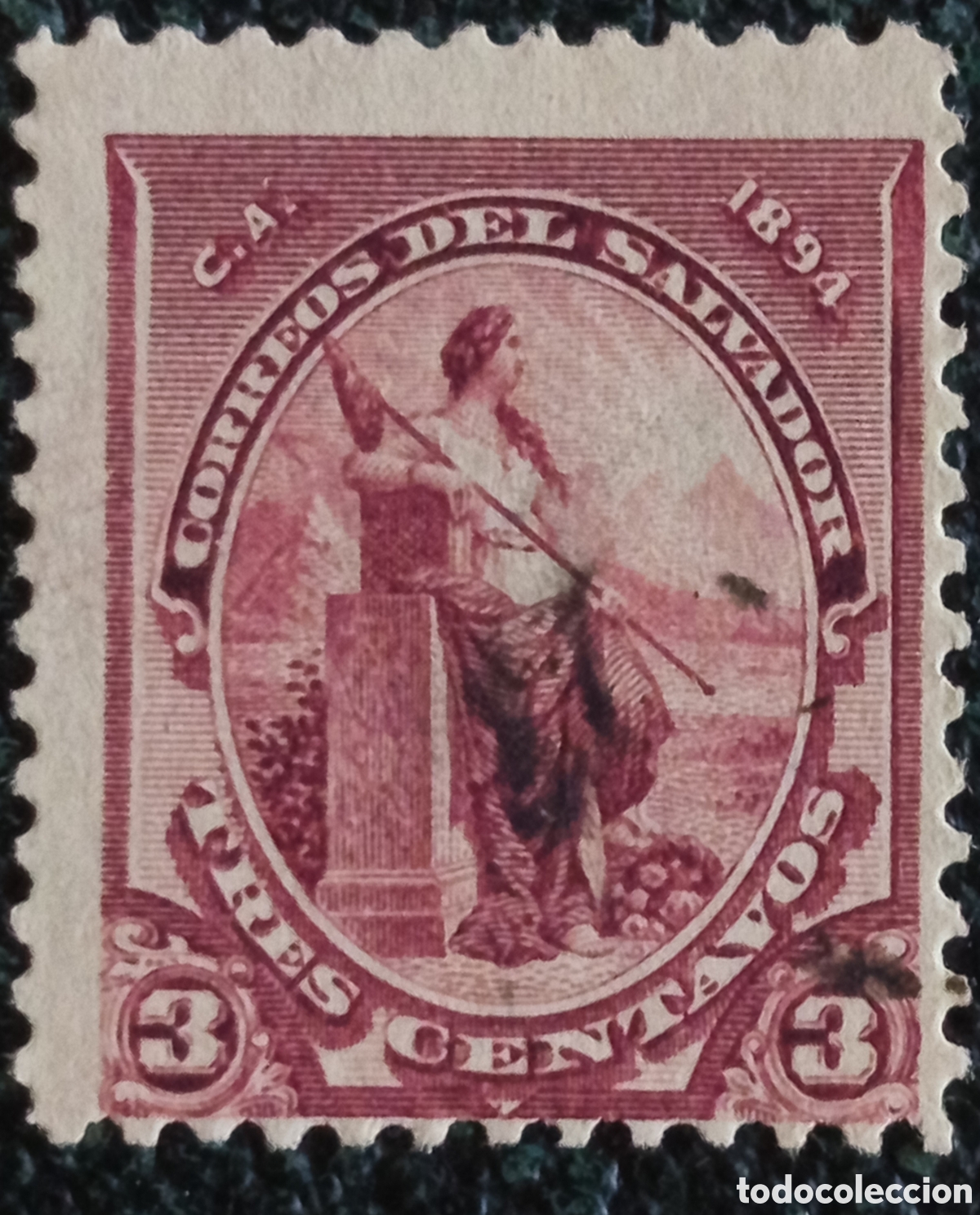 Sellos: El Salvador 1894 Alegor&iacute;a de la Libertad 3 Centavos P&uacute;rpura MH Scott 89 Michel 82