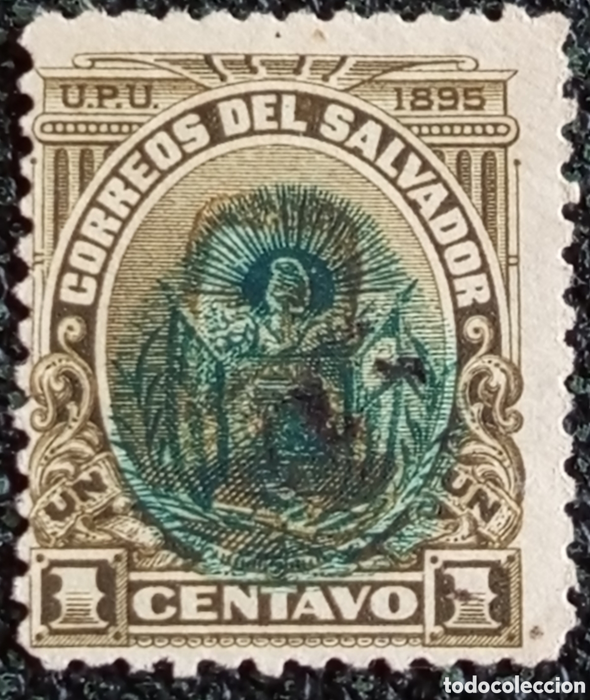 Sellos: El Salvador 1895 Alegor&iacute;a 1 Centavo Marr&oacute;n/Azul Usado Scott 117 Michel 95