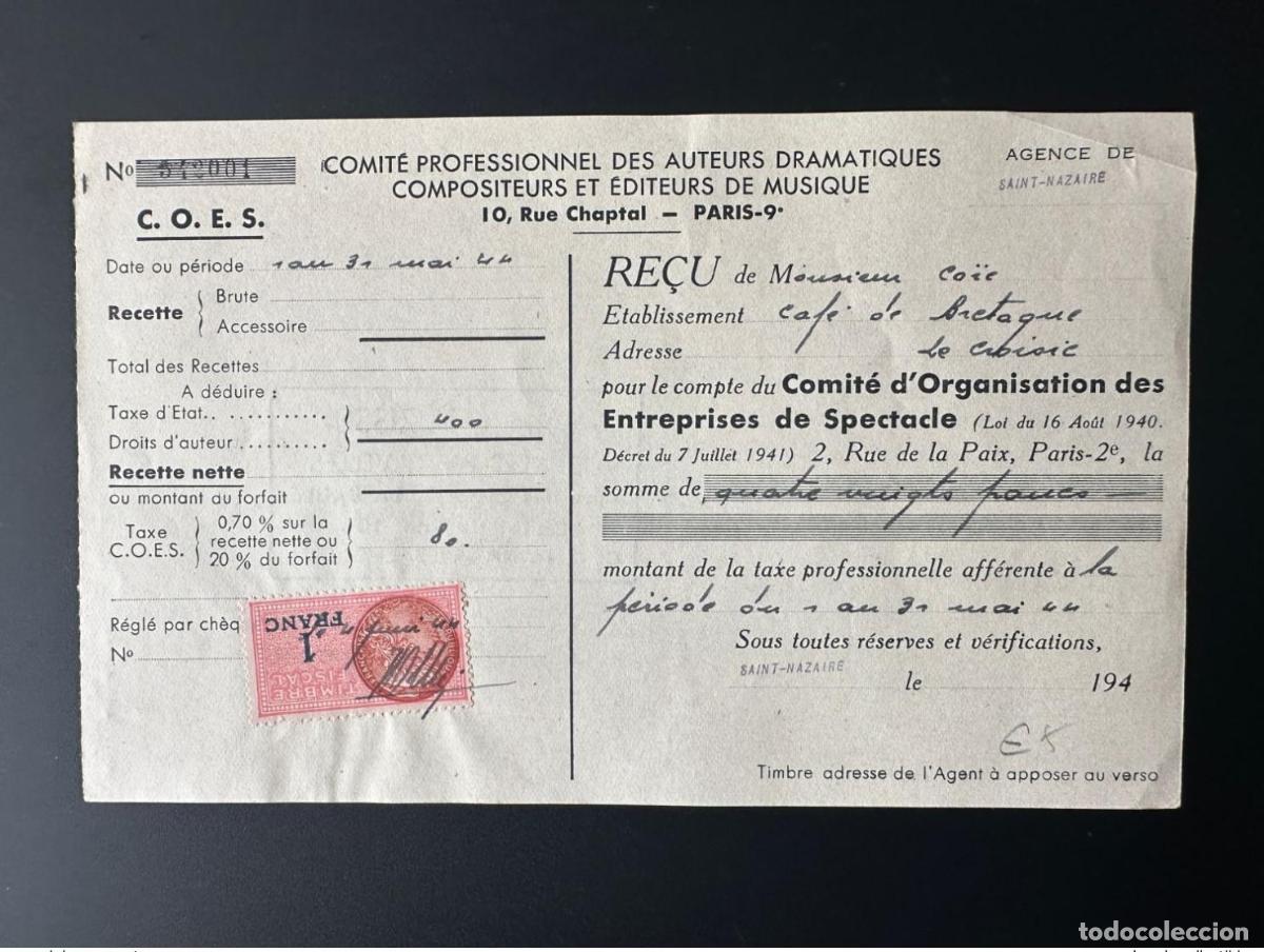 Sellos: Tarjeta de miembro del Comit&eacute; Autores y Editores M&uacute;sica 1944 Paris La Baule Jean Sourisse
