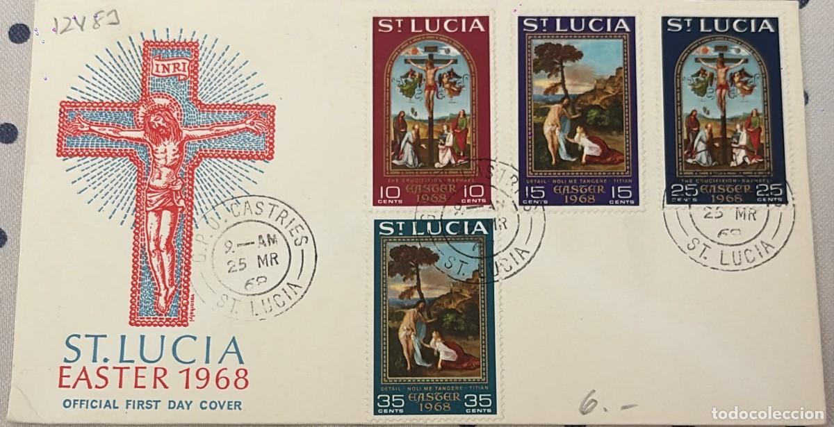 Sellos: TS.)1968, SAINT LUCIA, FIRST DAY COVER, PRE-PRINTED WITH AN &rdquo;EASTER&rdquo; COMMEMORATION, FEATURING FOUR S