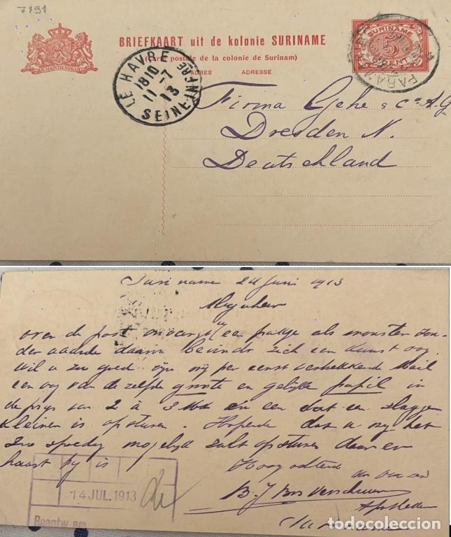 Sellos: TS.)1913, SURINAME, PARAMARIBO TO DRESDEN (GERMANY), COLONIAL POSTCARD, PRE-PRINTED WITH THE COAT OF