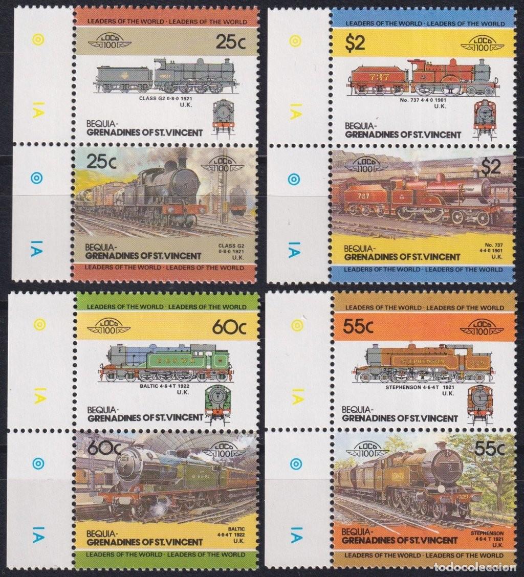 Timbres: F-EX63839 BEQUIA GRENADINES ST VINCENT MNH 1985 RAILROAD RAILWAYS TRAIN LOCOMOTIVES.