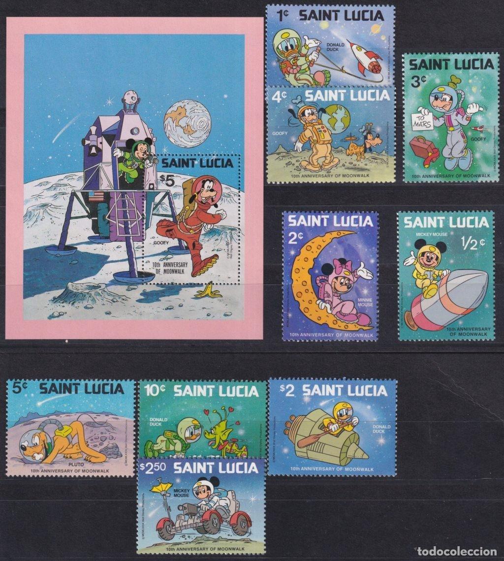Stamps: F-EX62830 ST LUCIA MNH 1979 WALT DISNEY 10th ANNIV MOONWALK MICKEY MOUSE GOOFY DONALD DUCK.