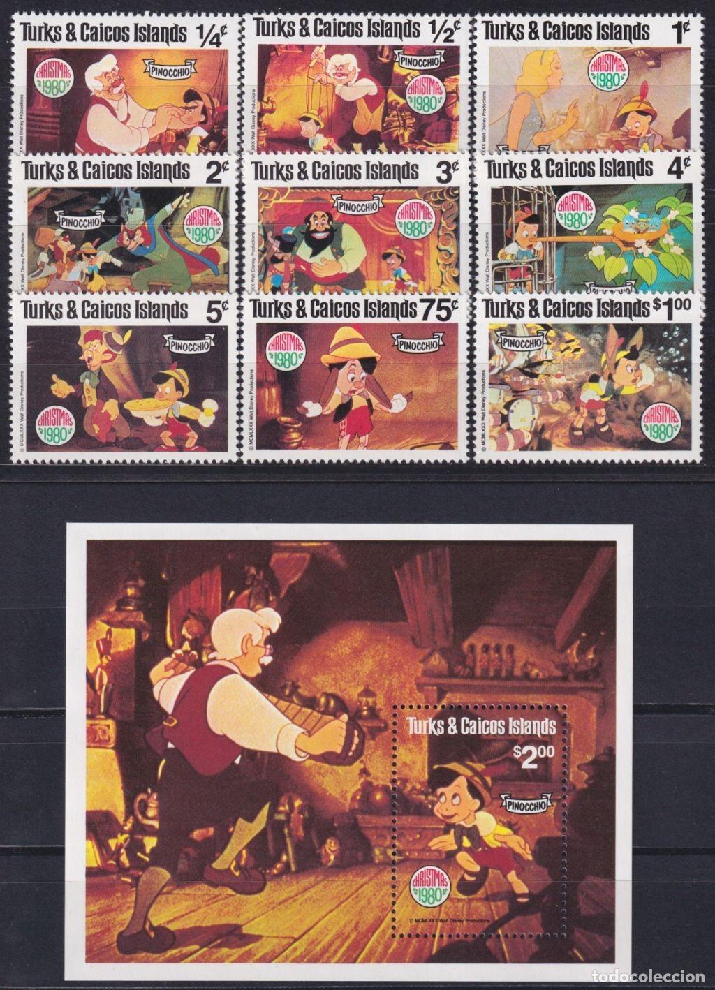 Stamps: F-EX62843 TURK & CAICOS MNH 1980 WALT DISNEY PINOCCHIO.