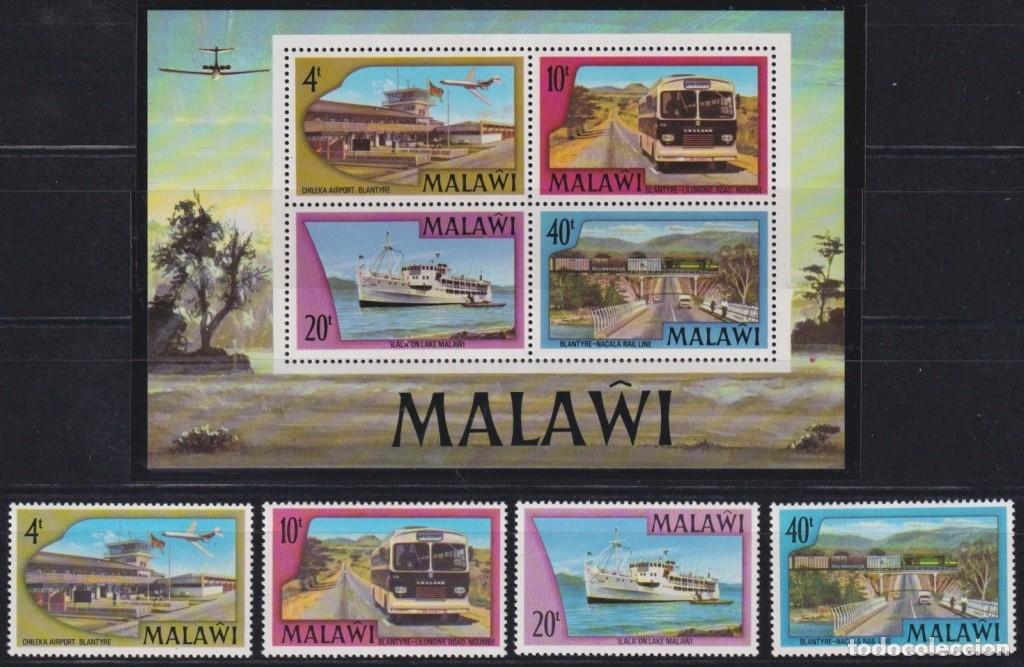 Timbres: F-EX63413 MALAWI MNH 1977 AIRPORT BUS SHIP RAILROAD TRAIN RAILWAYS LOCOMOTIVE FERROCARRIL