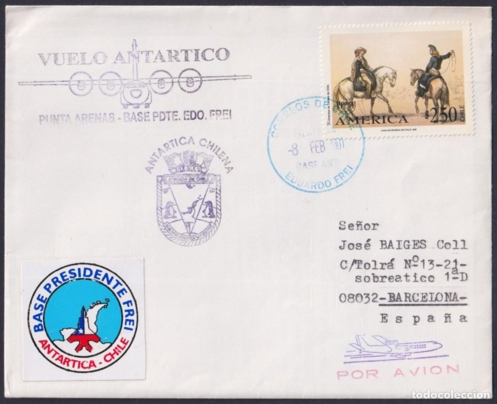 Sellos: F-EX64172 CHILE ANTARCTIC TERRITORY 2001 UPAEP FLIGHT E. FREI STATION TO SPAIN.