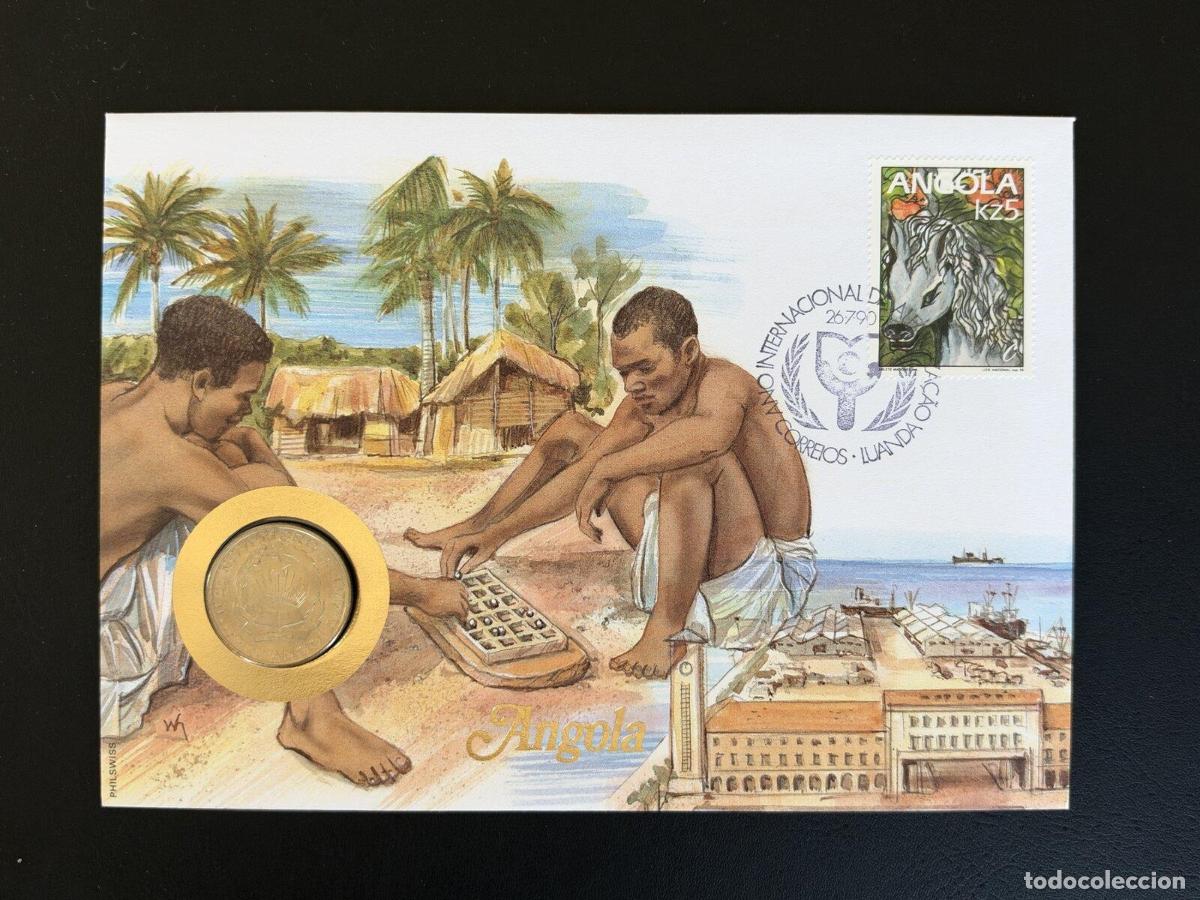 Sellos: Angola sobre numism&aacute;tico Philswiss 1990 sello Kz5 Luanda (II)