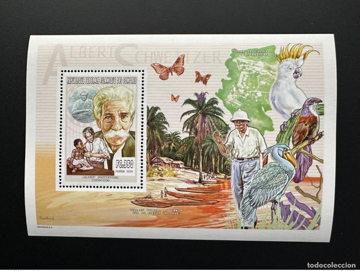 Selos: Comoras 1999 YT 1117 Luxury Block Albert Schweitzer Butterfly Bird