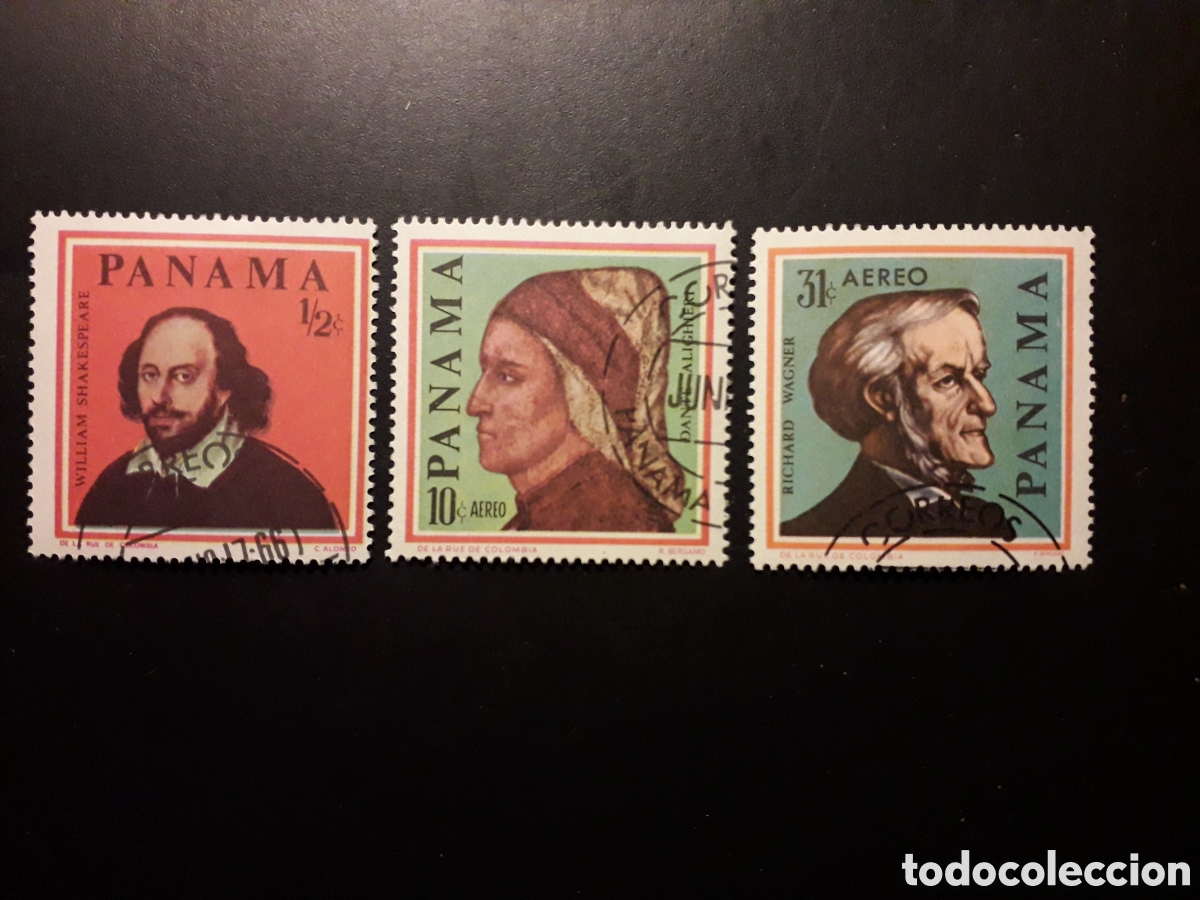 Sellos: PANAM&Aacute; YVERT 425 + A 384/5 SERIE COMPLETA USADA 1967 SHAKESPEARE, DANTE, WAGNER PEDIDO M&Iacute;NIMO 3&euro;