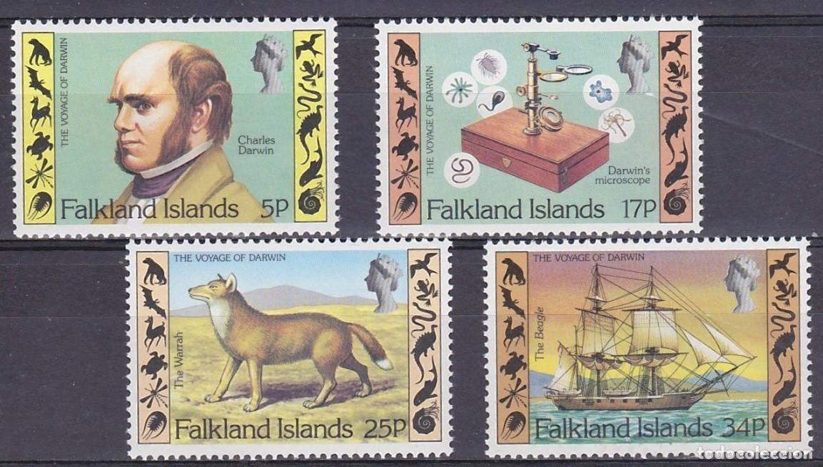 Sellos: FALKLAND ISLANDS 1982 4 STAMPS MNH CHARLES DARWIN HMS BEAGLE BARCOS SHIPS FAUNA ZORRO-LOBO GUARA