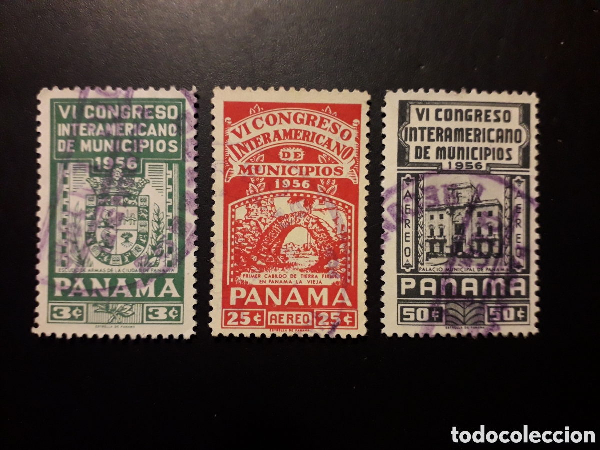 Sellos: PANAM&Aacute; YVERT 304 + A 167/8 SERIE COMPLETA USADA 1956 CONGRESO DE MUNICIPIOS PEDIDO M&Iacute;NIMO 3&euro;
