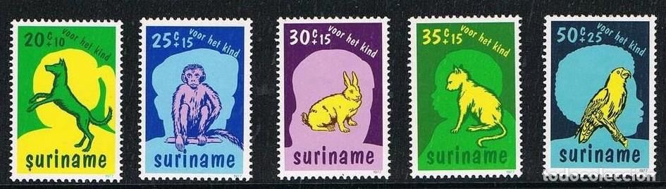 Sellos: SURINAM 1977 5 STAMPS MNH PARA EL NI&Ntilde;O BIENESTAR INFANTIL Y LOS ANIMALES AVES PERROS GATOS MONOS