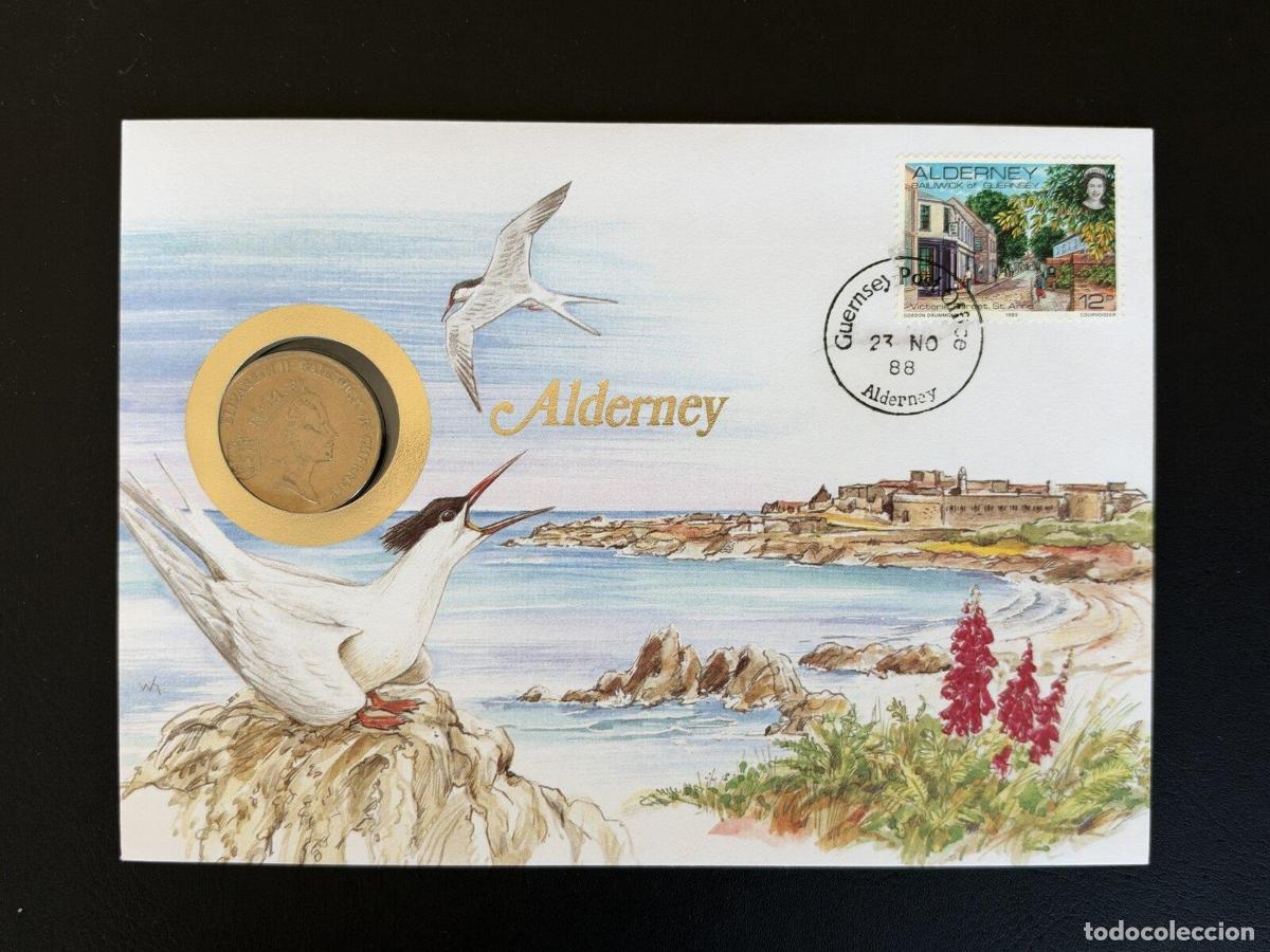 Sellos: Alderney Guernsey 1988 sobre numism&aacute;tico coin cover aves