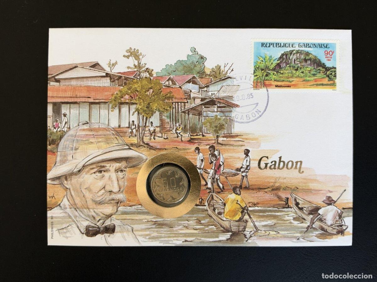 Sellos: Gab&oacute;n sobre numism&aacute;tico Philswiss 1985 sello Medouneu 90F