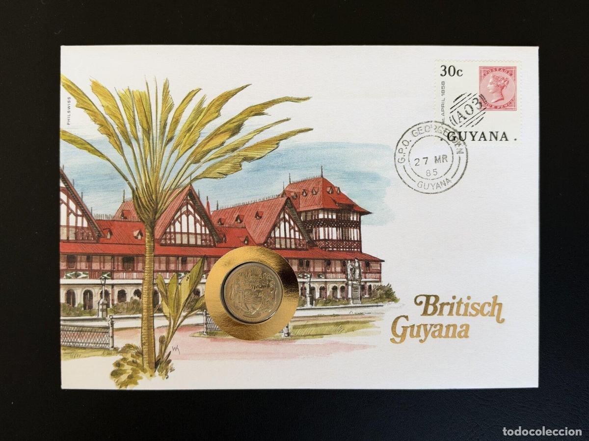 Sellos: Sobre numism&aacute;tico Guyana Brit&aacute;nica 1985 Philswiss Georgetown