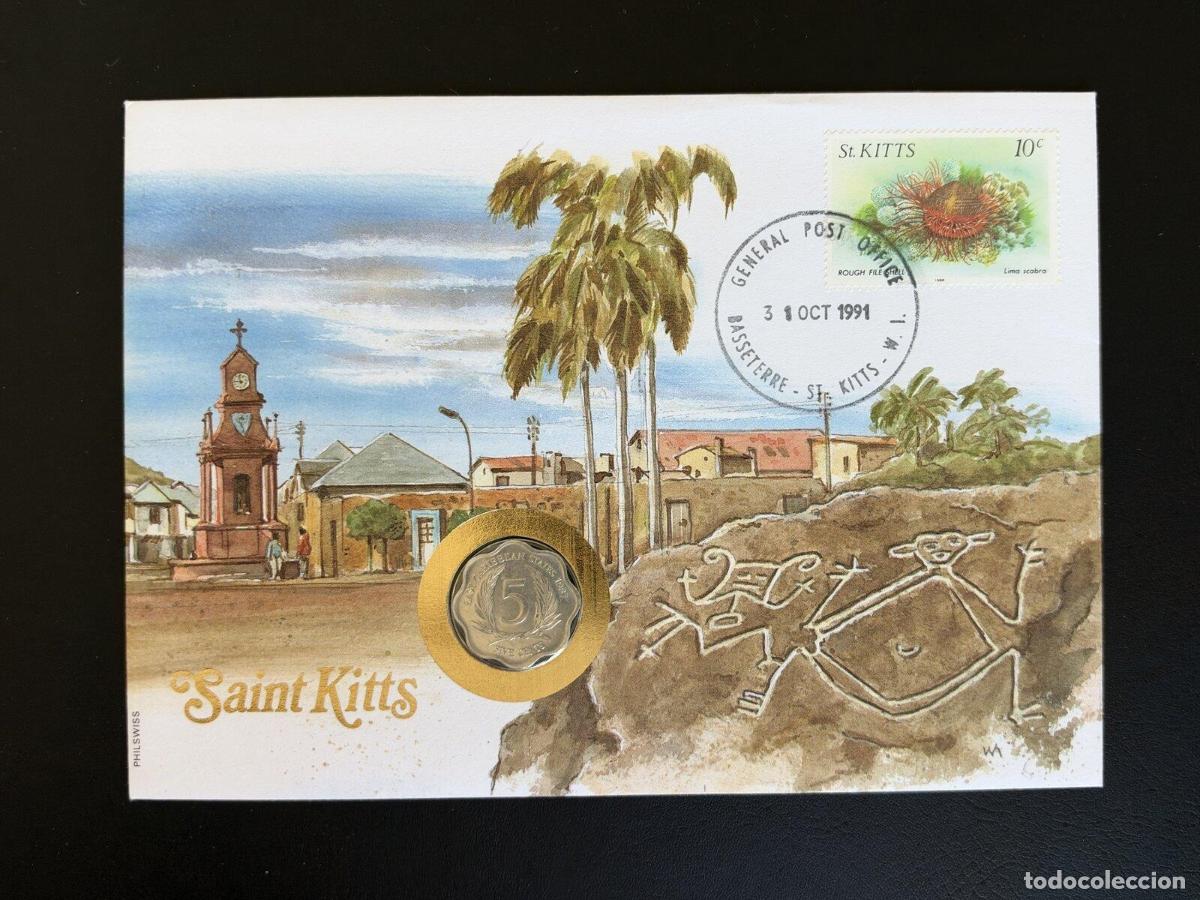 Timbres: Saint Kitts sobre numism&aacute;tico Philswiss 1991 moneda 5 centavos