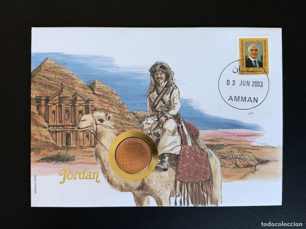 Selos: Jordania sobre numism&aacute;tico Philswiss 2003 Amman Petra
