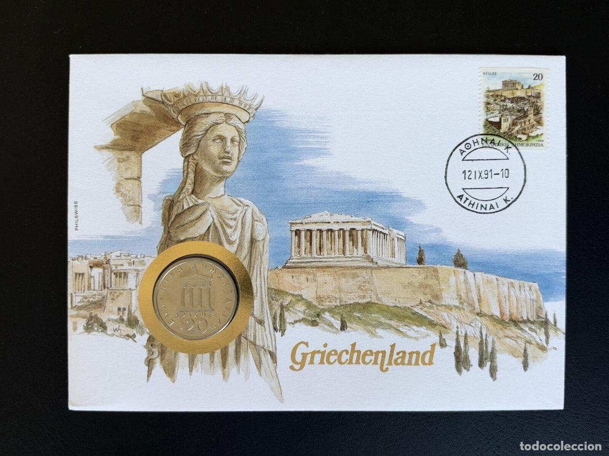 Sellos: Grecia sobre numism&aacute;tico Philswiss 1991 Atenas 20 Dracmas