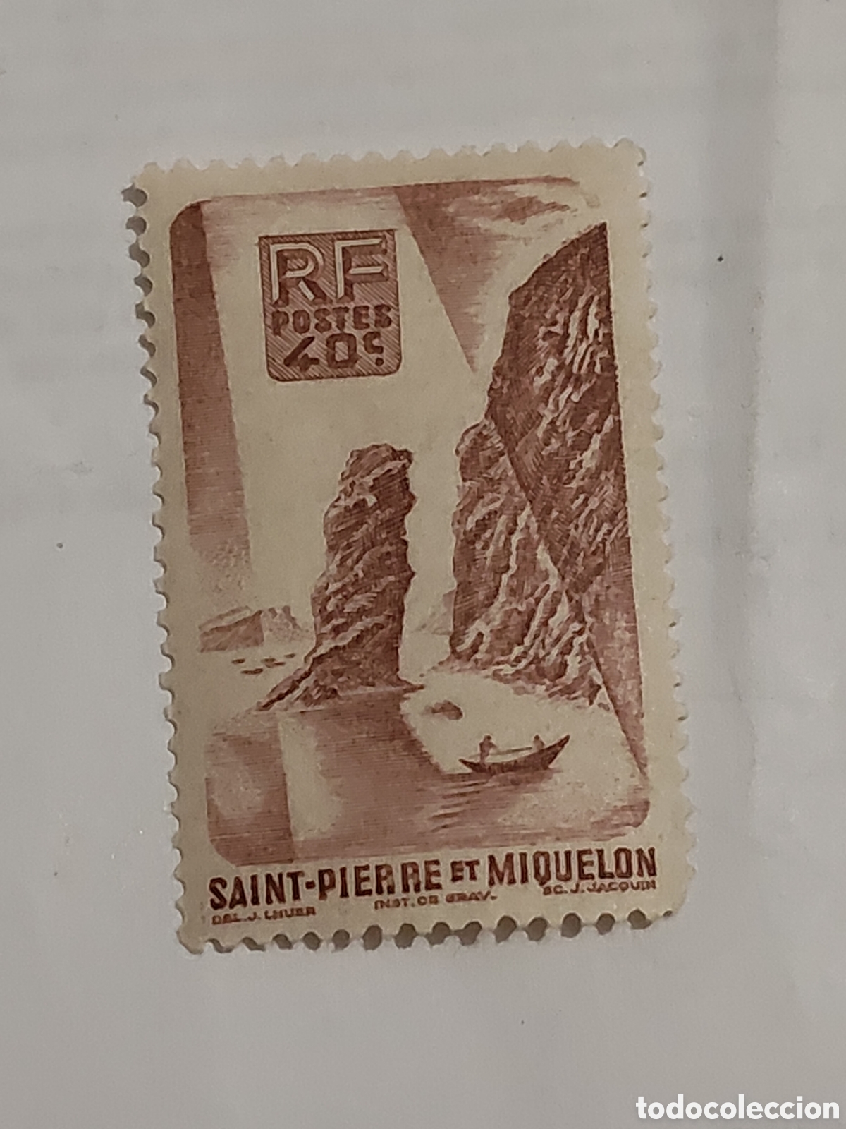 Sellos: Sello de San Pedro y Miguel&oacute;n ( Colonia Francesa) cala de los soldados en la isla de Anglade 1947