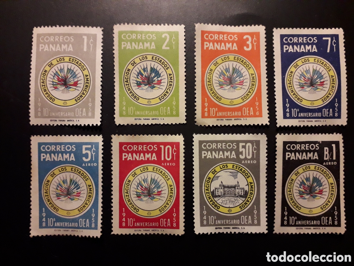 Sellos: PANAM&Aacute; YVERT 314/7 + A 189/92 SERIE CTA SIN GOMA 1958 OEA, BANDERAS PEDIDO M&Iacute;NIMO 3&euro;