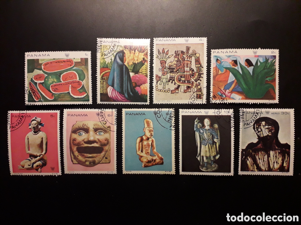 Sellos: PANAM&Aacute; YVERT 502/8 + A 454/5 SERIE CTA USADA 1968 PINTURAS ESCULTURA PRECOLOMBINA PEDIDO M&Iacute;NIMO 3&euro;