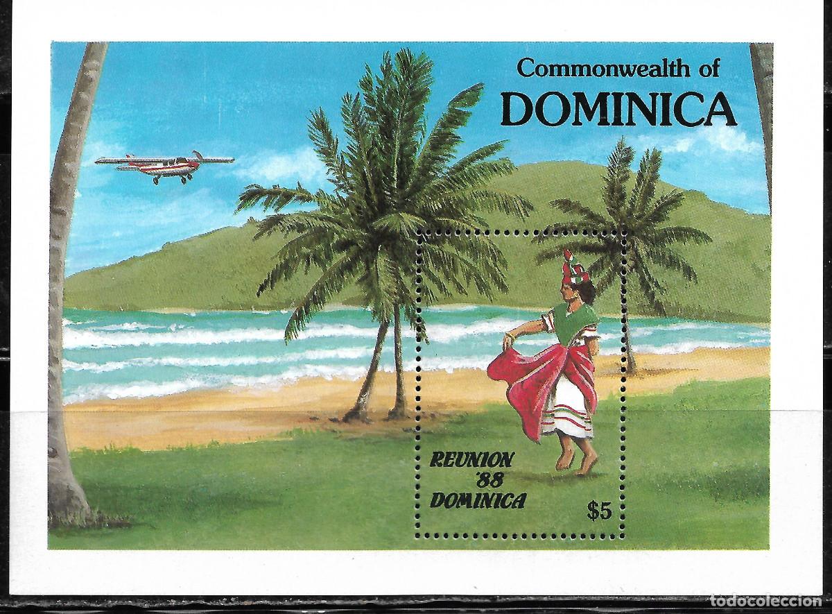 Sellos: DOMINICA 1988, HOJA BLOQUE Ivert 127 - REUNI&Oacute;N, PROGRAMA TURISTICO. MNH.