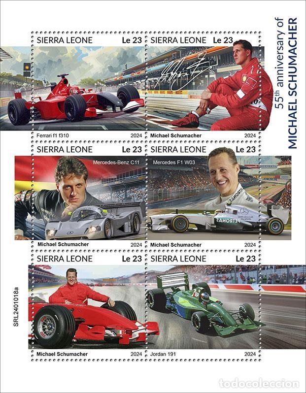Sellos: Sierra Leona 2024 Mi. 18292-18297 hoja Michael Schumacher F&oacute;rmula 1 Ferrari