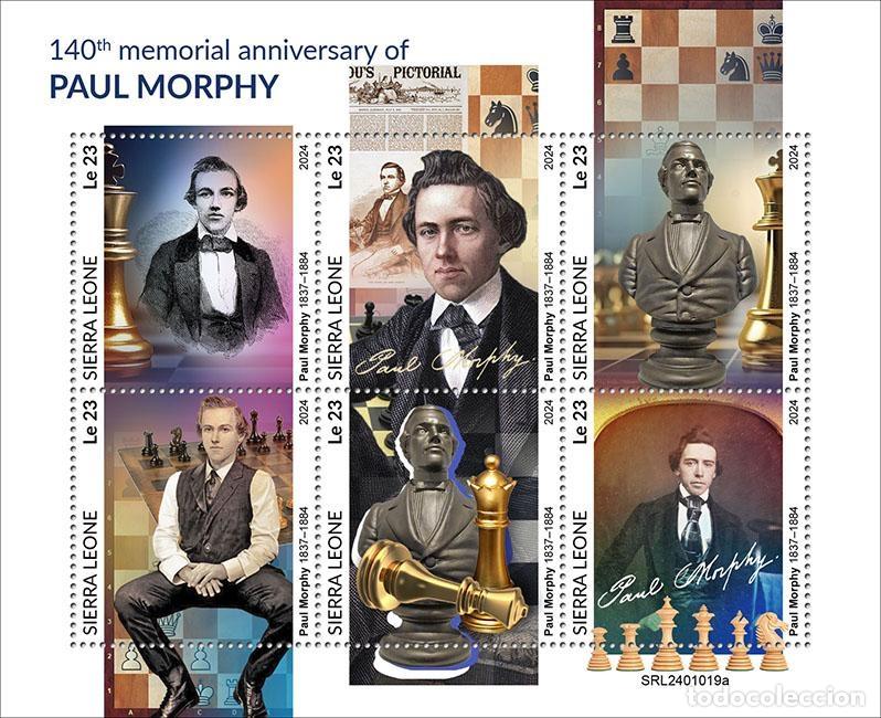 Briefmarken: Sierra Leona 2024 Mi. 18260-18265 hoja Paul Morphy ajedrez