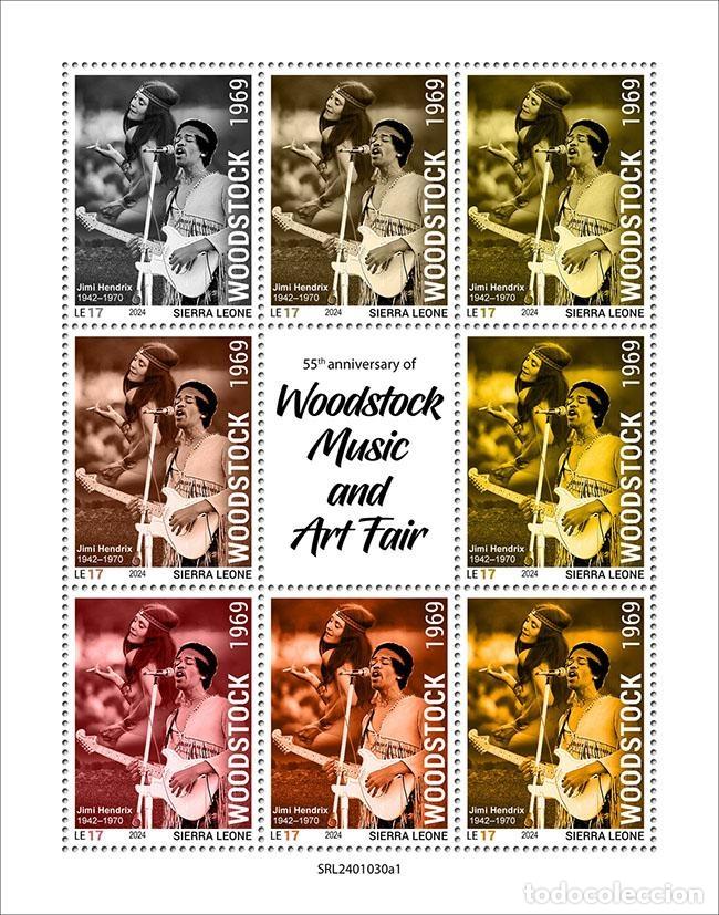 Stamps: Sierra Leona 2024 Mi. 18711-18718 hoja Woodstock m&uacute;sica Joplin Hendrix