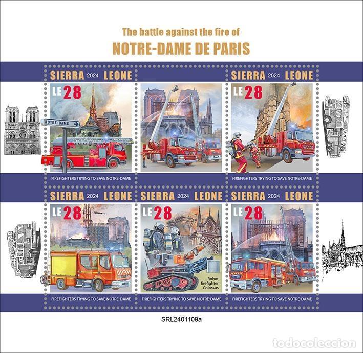 Sellos: Sierra Leona 2024 Mi. 18535-18539 hoja incendio Notre-Dame de Par&iacute;s bomberos