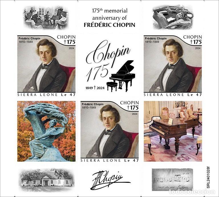 Sellos: Sierra Leona 2024 Mi. 18891 hoja sin perforar Fr&eacute;d&eacute;ric Chopin m&uacute;sica
