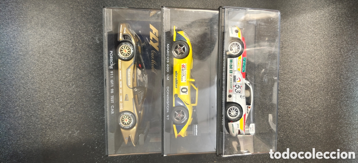 Slot Cars: Coches Fly en sus estuches nuevos sin usar Porsche GT1 , Marcos 600 LM, Dodge Vipe