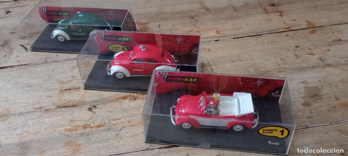 Slot Cars: Pink kar, Lote de 3 Wolkswagen: Beetle cabrio, bomberos y policia, en sus cajas; nunca jugados